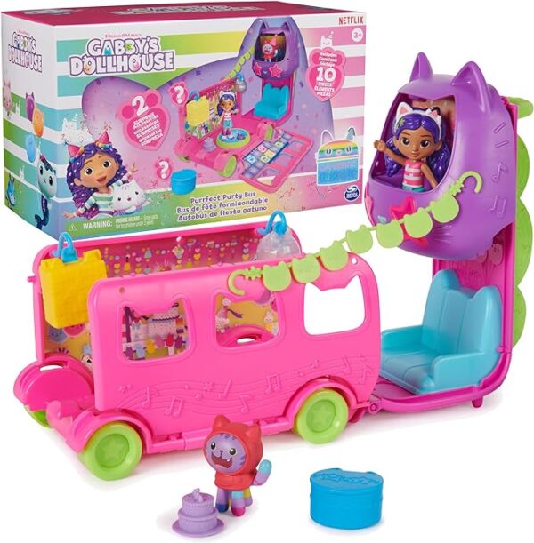 Gabby's Dollhouse Celebration Party Bus Playset with Gabby & DJ Catnip Toy Figures and Dollhouse Accessories,